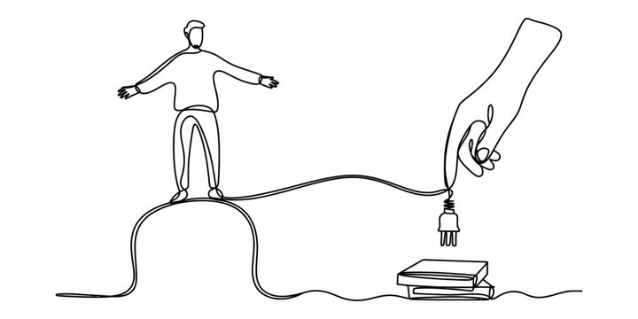 Person standing on a hill connected by a wire to a hand holding a plug over a book Vector, illustration