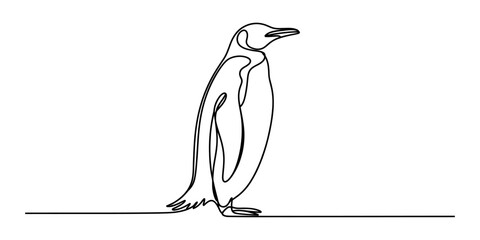 Single line drawing of a penguin standing on a flat surface, minimalist black and white art © Prem_Bala_2026