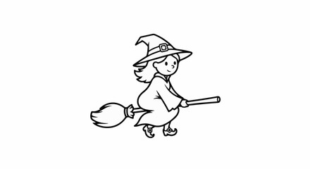 Fototapeta premium A simple cartoon of a girl in a witch hat flying on a broomstick