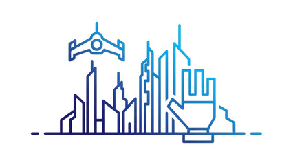 Fototapeta premium Blue minimalist city skyline with handshake and trophy illustration Vector