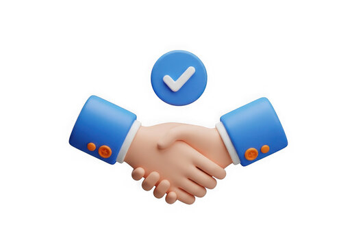 Blue hands shaking with a checkmark above in a circle isolated on transparent background