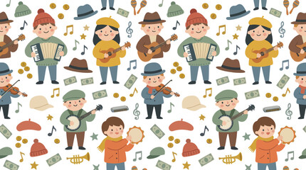 Fototapeta premium Cute kids playing musical instruments, flat cartoon style, seamless pattern