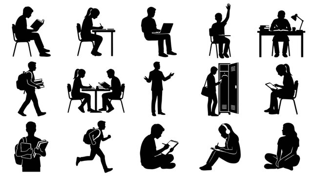 Silhouette students studying and learning icons
