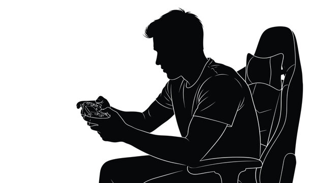 Gamer silhouette holding a controller while sitting on a professional gaming chair vector graphic illustration design