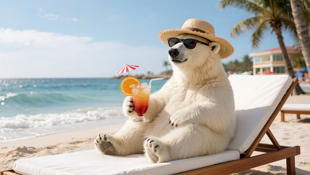 Polar bear relaxing on beach lounger with cocktail, sunglasses and straw hat by tropical ocean in humorous summer vacation scene