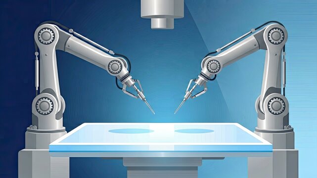 Two robotic arms with precise manipulators over illuminated platform in sterile industrial laboratory setting.