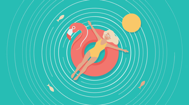Flat vector top view illustration showing a happy smiling woman wearing a yellow swimsuit relaxing floating on a pink flamingo inflatable ring in the clear blue summer sea water