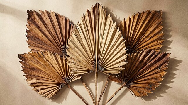 Dried palm leaves arranged in fan pattern against warm beige wall creating soft natural shadows with texture.