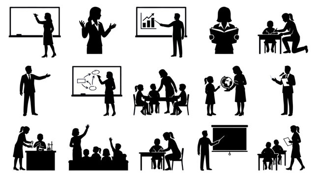 Education Teachers and Students Silhouettes - Classroom Learning Vector Icons