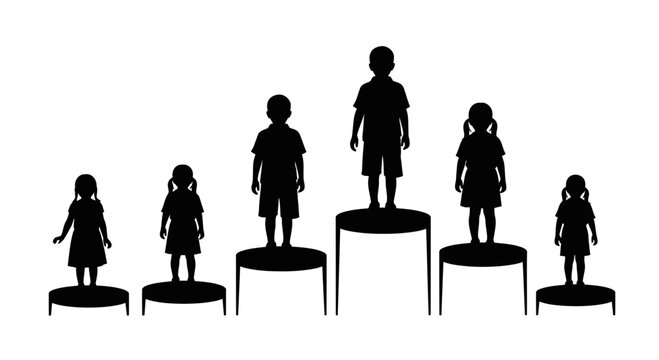 Silhouettes of children standing on different heights of pedestals representing development and growth.