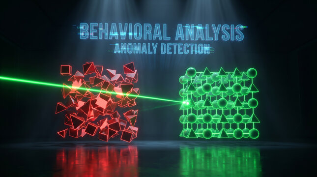 Behavioral Analysis and Anomaly Detection Concept with Glowing Neon Geometric Shapes and Laser Beam