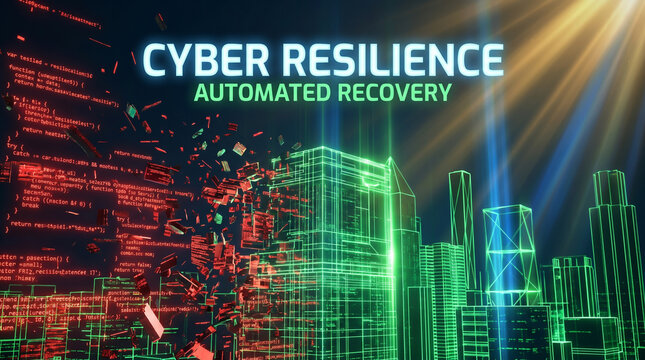 Cyber Resilience and Automated Recovery Concept with Digital City Wireframe and Programming Code