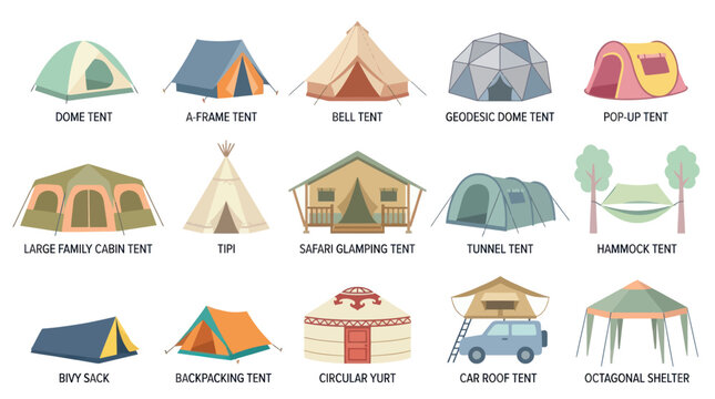 Flat Illustration of Camping Tents Collection, Outdoor Gear Vector
