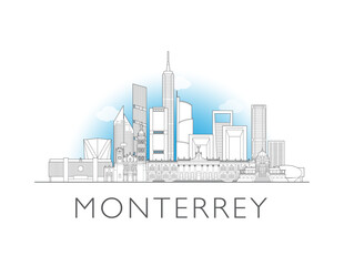Obraz premium Monterrey skyline, Mexico. Urban cityscape with landmarks and monuments. Hand drawn line art digital skyline illustration.