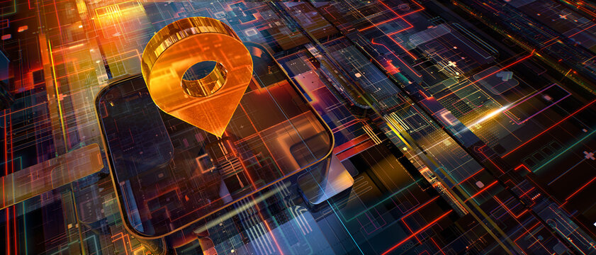 Geospatial location marker: Three-dimensional coordinate pin, map marker icon. Global positioning and logistics technology. Physical place location, telecommunications, global networking 3D concept