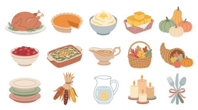 Thanksgiving Food and Decorations Flat Vector Icons Set