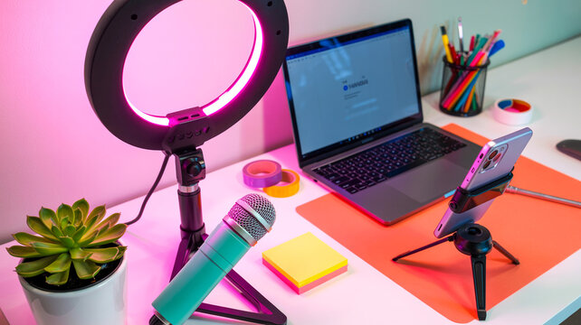 Creative workspace with ring light, microphone, laptop, and smartphone on tripod, setup for content creation or live streaming with pink lighting.