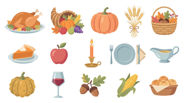 Flat Style Thanksgiving Icons: Turkey, Pumpkin, Pie, Corn, Grains