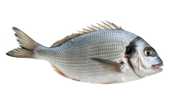 Fresh raw gilthead sea bream fish isolated on a white background, whole silver fish for cooking