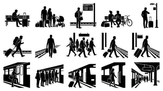 Black  White Silhouette of Travelers at Train Station, Vector Art