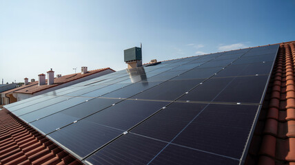 Residential rooftop covered in solar panels under clear blue sky on sunny day representing clean energy generation for private homes and sustainable living solutions for modern house architecture. © Sohagi