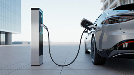 Modern electric vehicle charging at public station outdoors next to corporate office building in daytime while plugged into port on gray car representing sustainable transport and green energy use. © Sohagi
