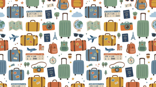 Seamless Travel Pattern: Flat Design Suitcases, Passports, Tickets, Globes