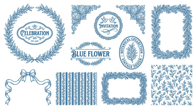 Vintage blue botanical floral wreath frame and wedding invitation ornament set.