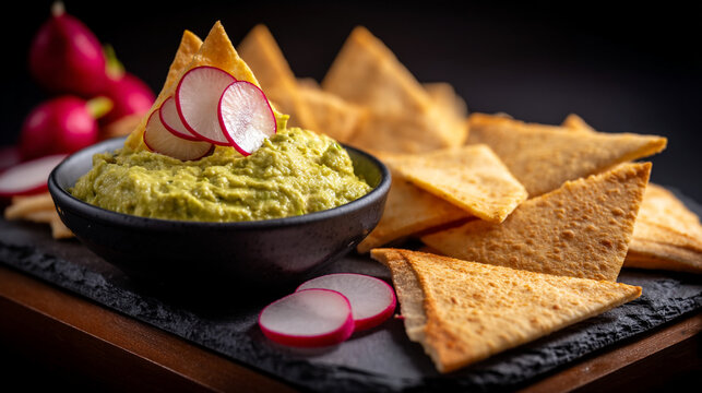 Creamy guacamole appetizer with crispy pita chips and fresh radish garnish on slate tray