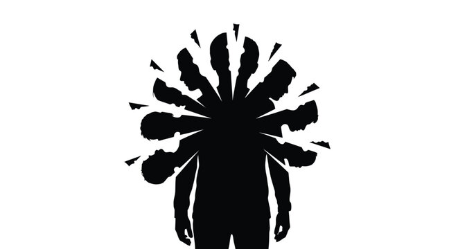 Creative vector illustration showing a man with multiple fragmented head silhouettes radiating from his core
