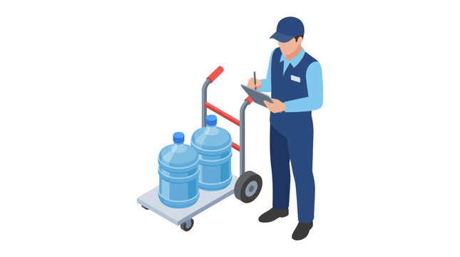 A delivery person organizing and checking inventory while transporting bottled water on a cart, highlighting a service-oriented profession ensuring hydration for homes and businesses.