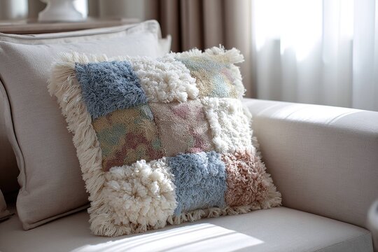 patchwork tufted cushion cover in cozy cottage style