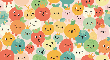 Fototapeta premium Playful seamless pattern of various round fruit and vegetable characters with cute faces and crowns on a soft pink background.