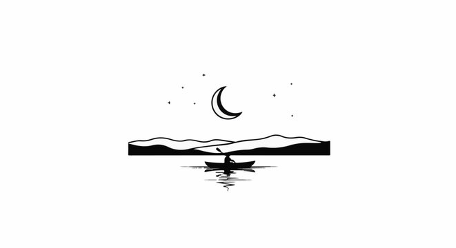 Lone kayaker under crescent moon amidst rolling hills and stars