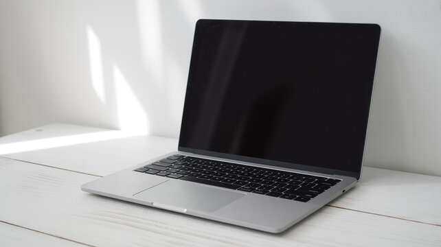 A modern silver laptop with a dark screen, placed on a white wooden table against a minimalist white wall with soft sunlight creating subtle shadows.