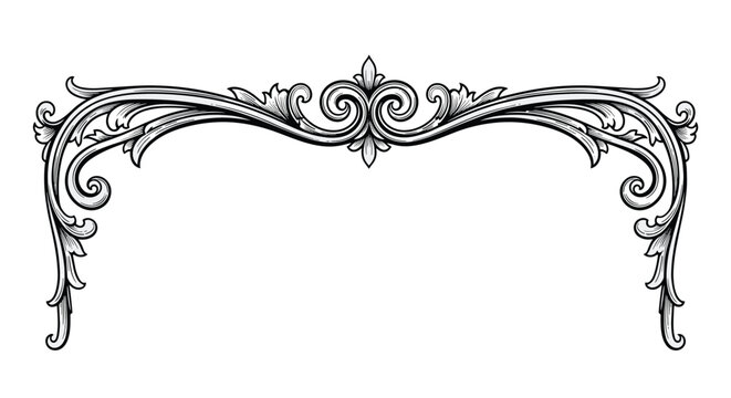 Detailed vintage ornamental border design with classical scrolls and floral motifs in a black and white woodcut engraving style.