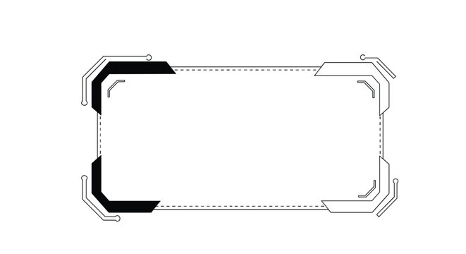 Modern futuristic head up display frame element with black and white tech lines and digital interface corners for screens.