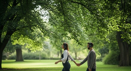 Fototapeta premium Young couple holding hands and walking in a lush green park while wearing headphones
