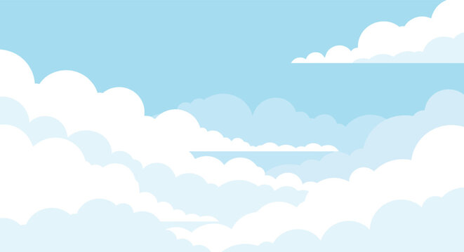 Serene landscape illustration of a bright blue sky filled with layers of soft and fluffy white clouds on a clear sunny day.