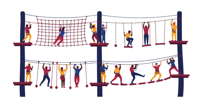 Group of people enjoying outdoor activities at a multi level ropes course adventure park with bridges, nets, and zip lines.