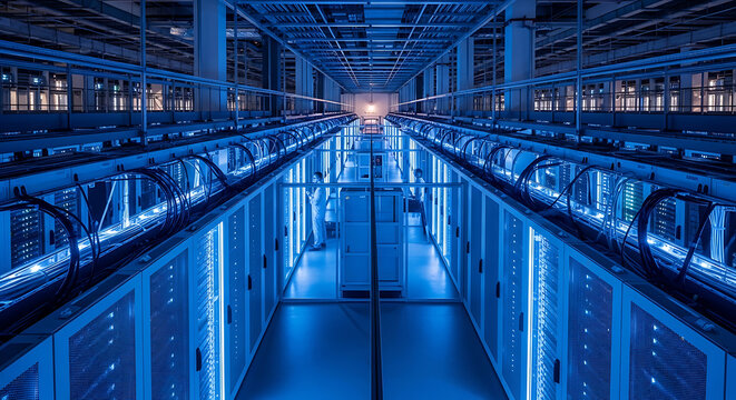 server room with blue lighting and technicians on transparent background high quality
