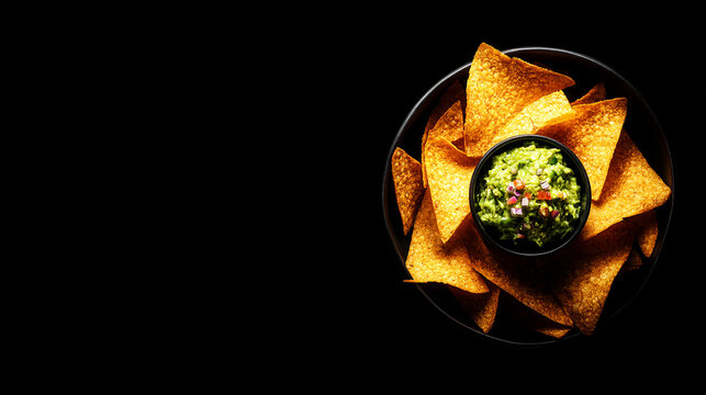 Bowl of crispy corn tortilla chips and fresh guacamole dip over black background