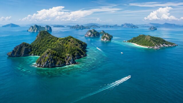 Aerial view of tropical island archipelago with boats and turquoise sea