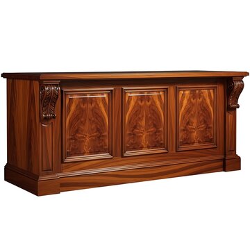 Classic wooden reception desk with ornate carved corbel accents