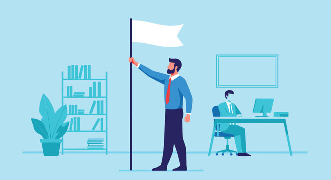 Successful business leader holding a white flag in an office environment while another employee works at a desk in the background.