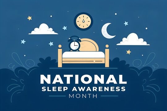 National sleep awareness month graphic featuring a comfortable wooden bed frame positioned neatly beneath a vintage wall clock and a stylized crescent moon set against a dark blue nighttime sky filled