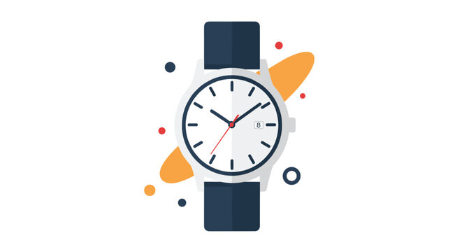 Elegant wristwatch with a dark blue leather strap and a clean white face featuring abstract orange and blue shapes.