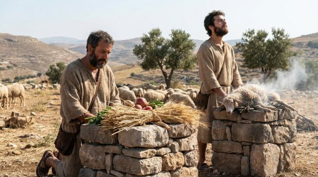 Historical biblical representation of two ancient brothers Cain and Abel offering sacrifices of a slaughtered sheep and wheat harvest on rustic stone altars under a bright daytime summer sky