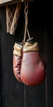 Old, worn boxing gloves dangle from a rusty nail, old, decayed