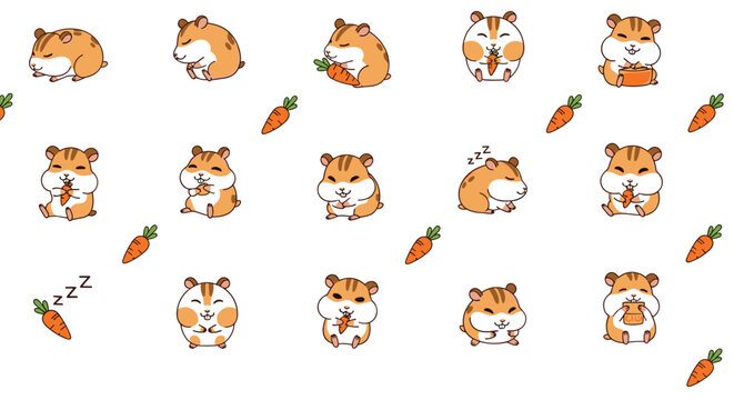 Adorable seamless pattern featuring cute hamsters in various poses eating, sleeping, and playing with bright orange carrots.